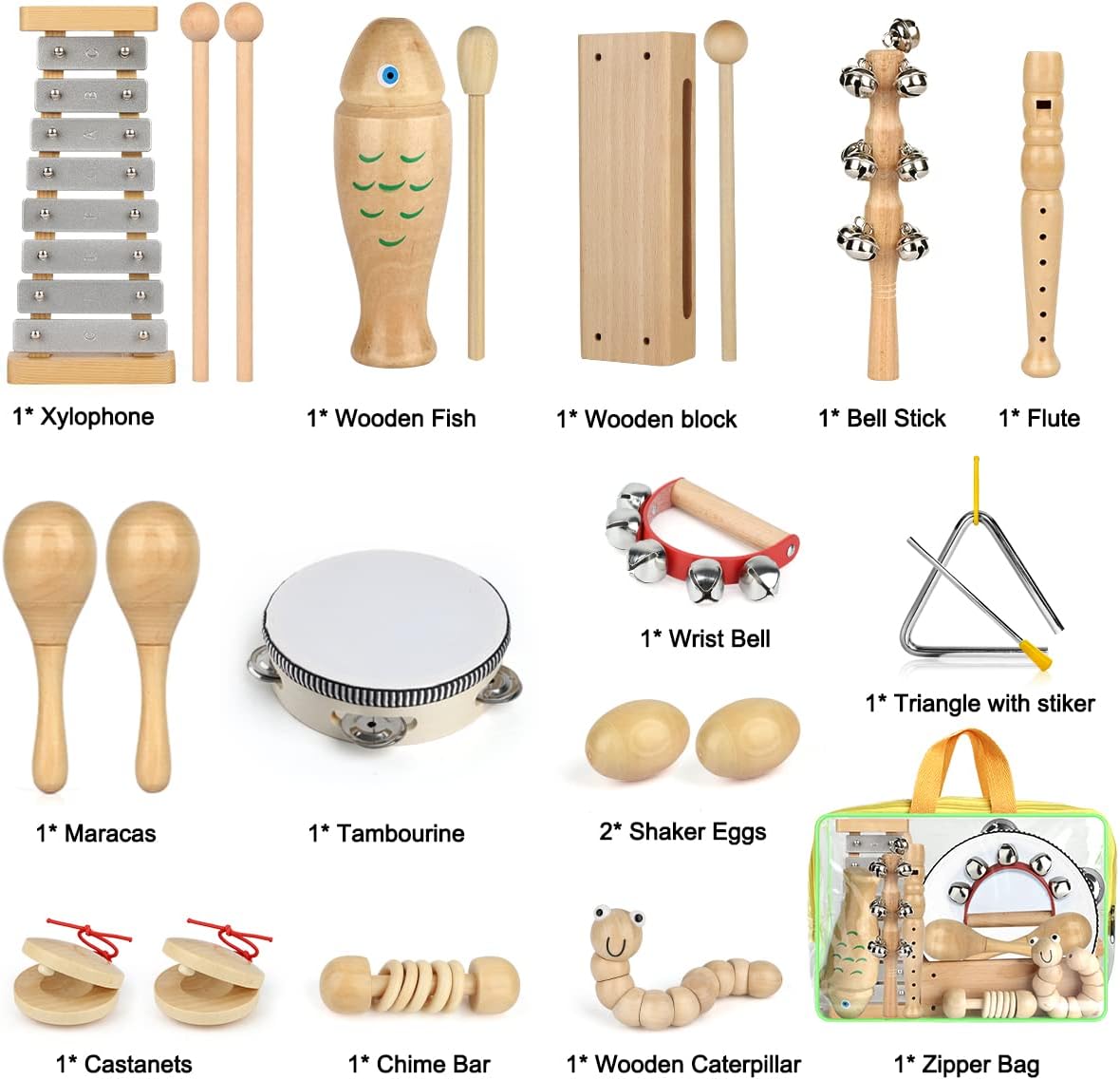 Kids Musical Instruments,100% Natural Wooden Music Percussion Toy Sets, 23 Pcs Tambourine Xylophone Toys for Kids, Girls Boys Preschool Education Early Learning Musical Toys with Bags - Image 4