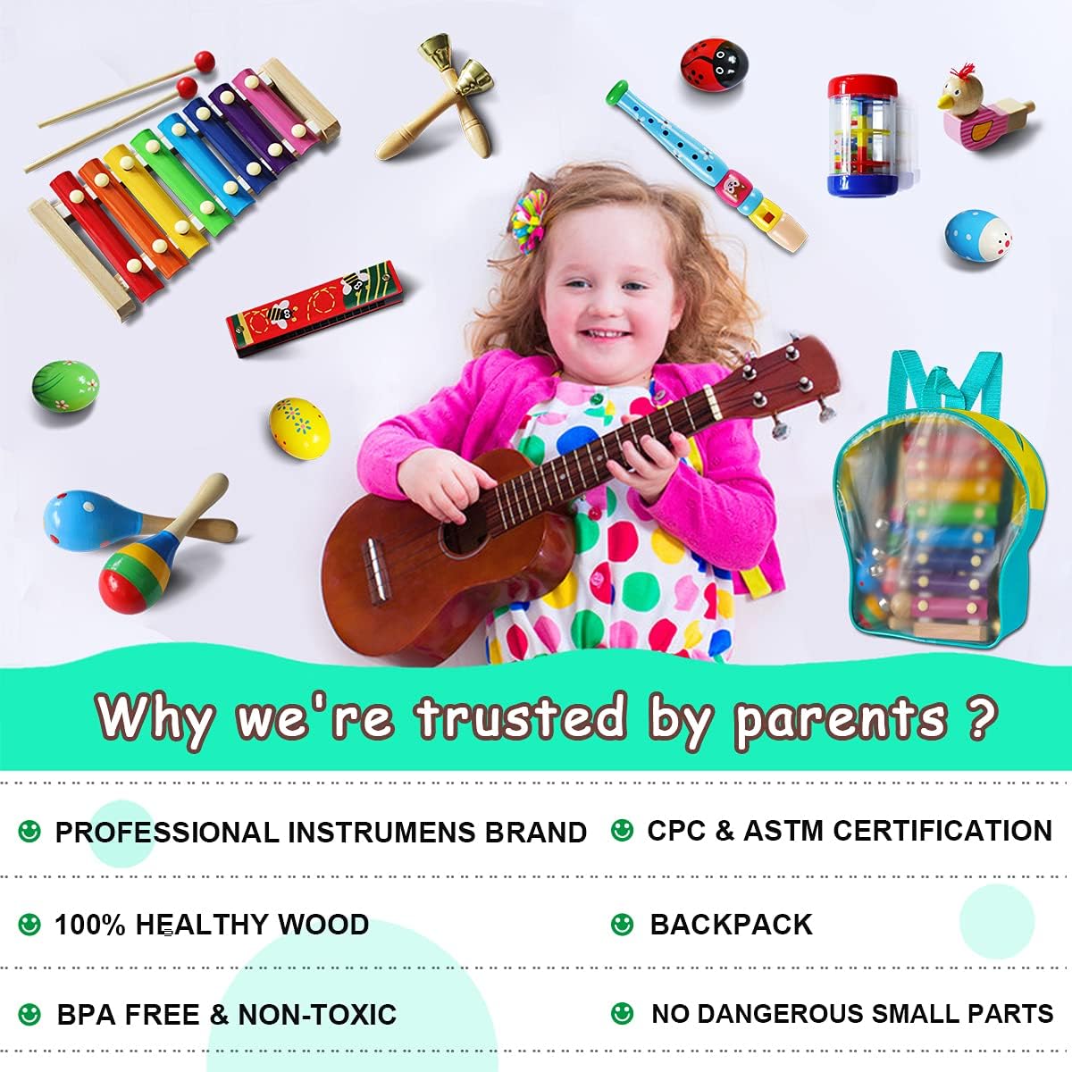 LOOIKOOS Toddler Musical Instruments,Wooden Percussion Instruments Toy for Kids Baby Preschool Educational Musical Toys Set for Boys and Girls with Storage Bag - Image 5