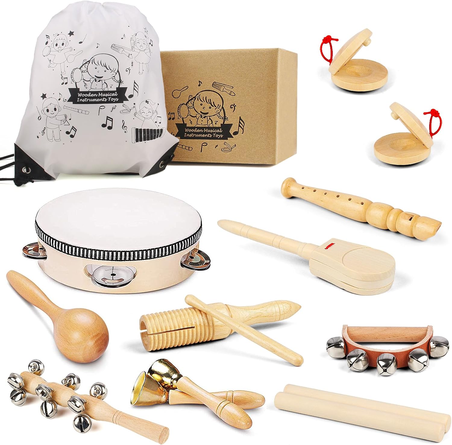 Chriffer Kids Musical Instruments Toys, Percussion Instruments Set with Storage Bag, Preschool Educational Music Toys for Boys Girls, Natural Eco-Friendly Wooden Music Set (10pcs)